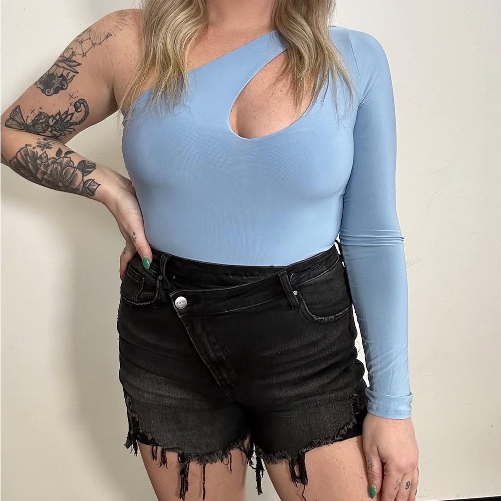 Elegant One-Shoulder Light Blue Bodysuit
